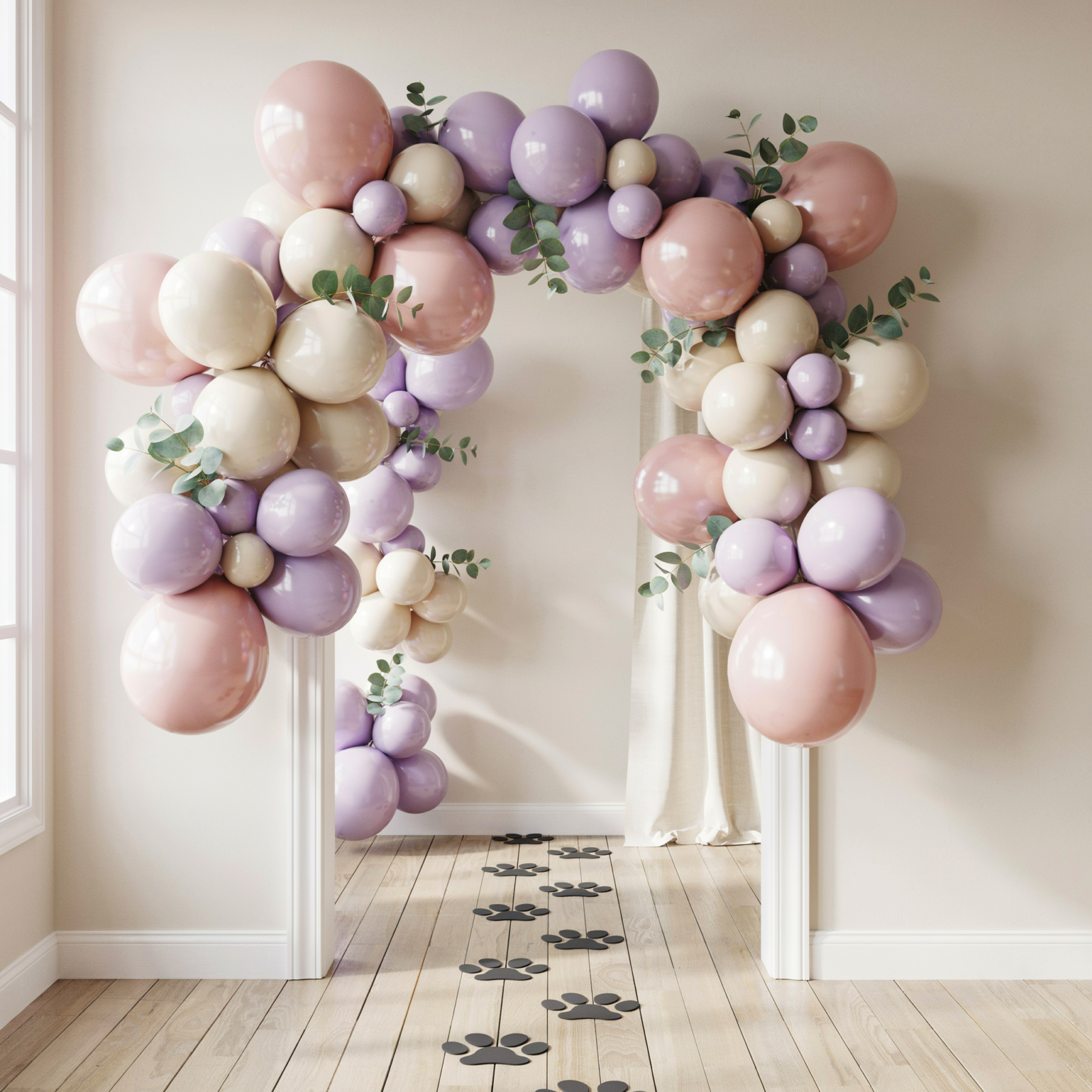 Pastel balloon arch with black paper paw prints for cat birthday party