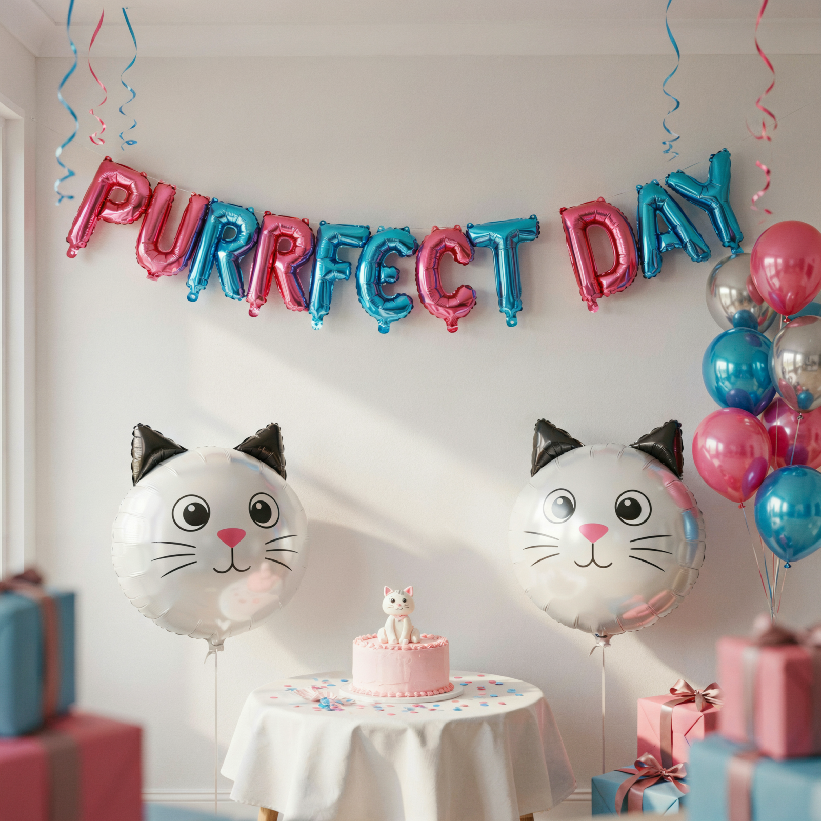 Bright neon Purrfect Day banner wall with oversized cat face balloons
