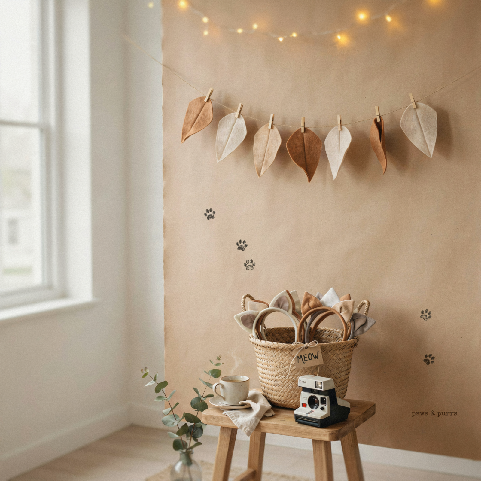 DIY kraft paper photo booth corner with cat ear cutouts and headbands
