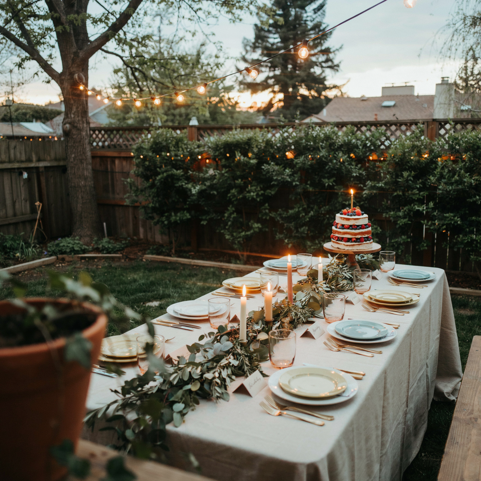 Outdoor golden hour cat birthday party table with greenery garland and string lights