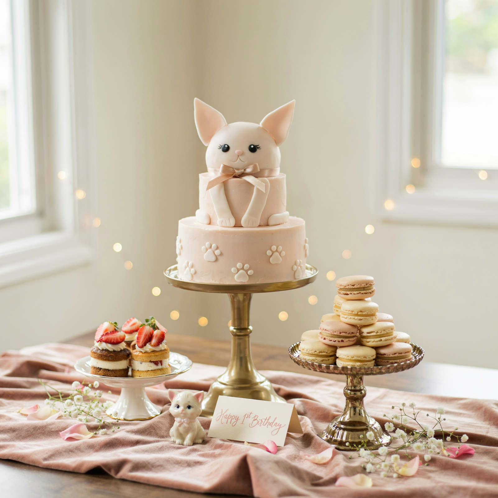 Blush pink kitten face cake dessert table with gold cake stands and macarons