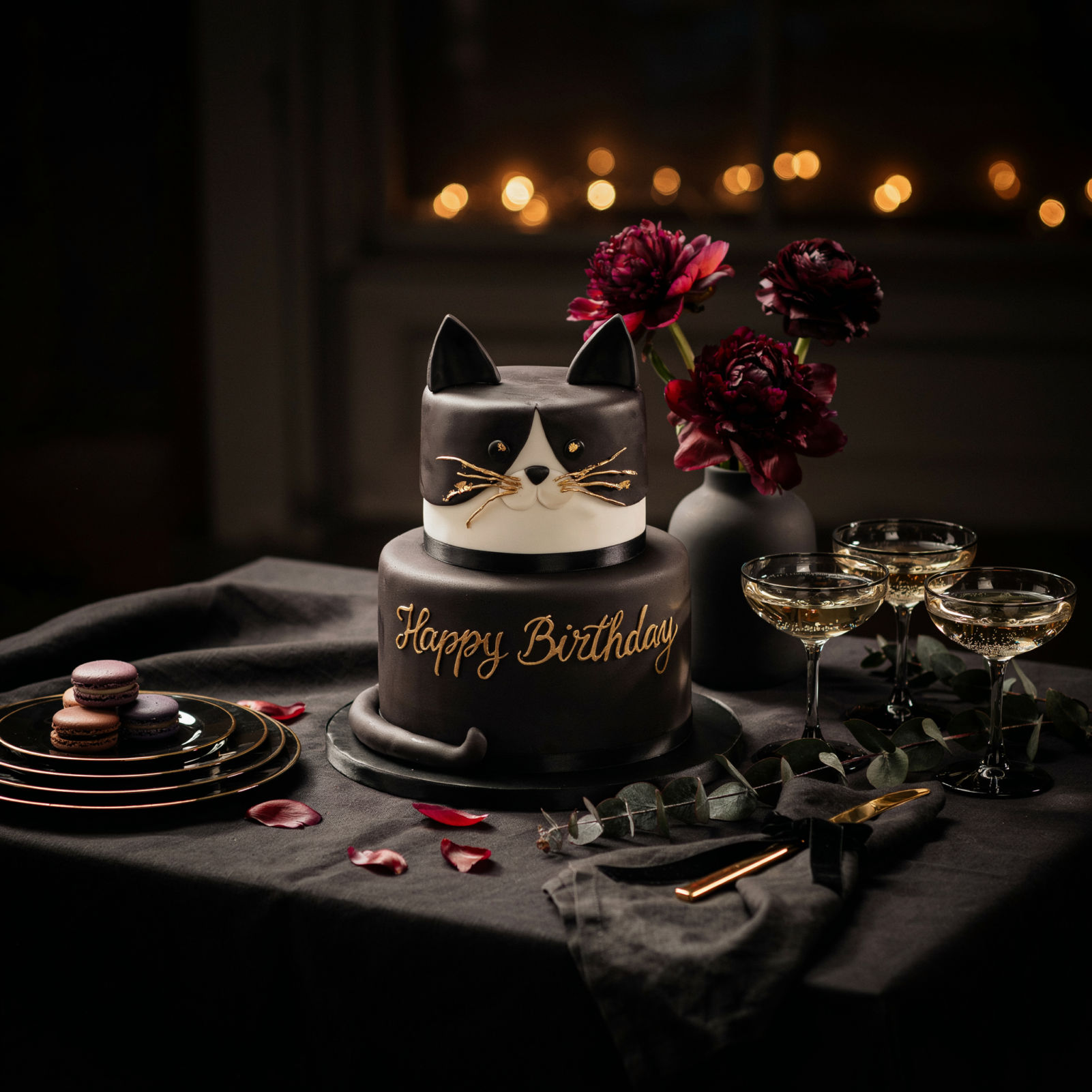 Moody black cat dessert table with gold rimmed plates and plum florals