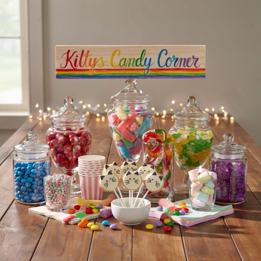 Rainbow cat candy buffet with glass jars and cat shaped cookie pops