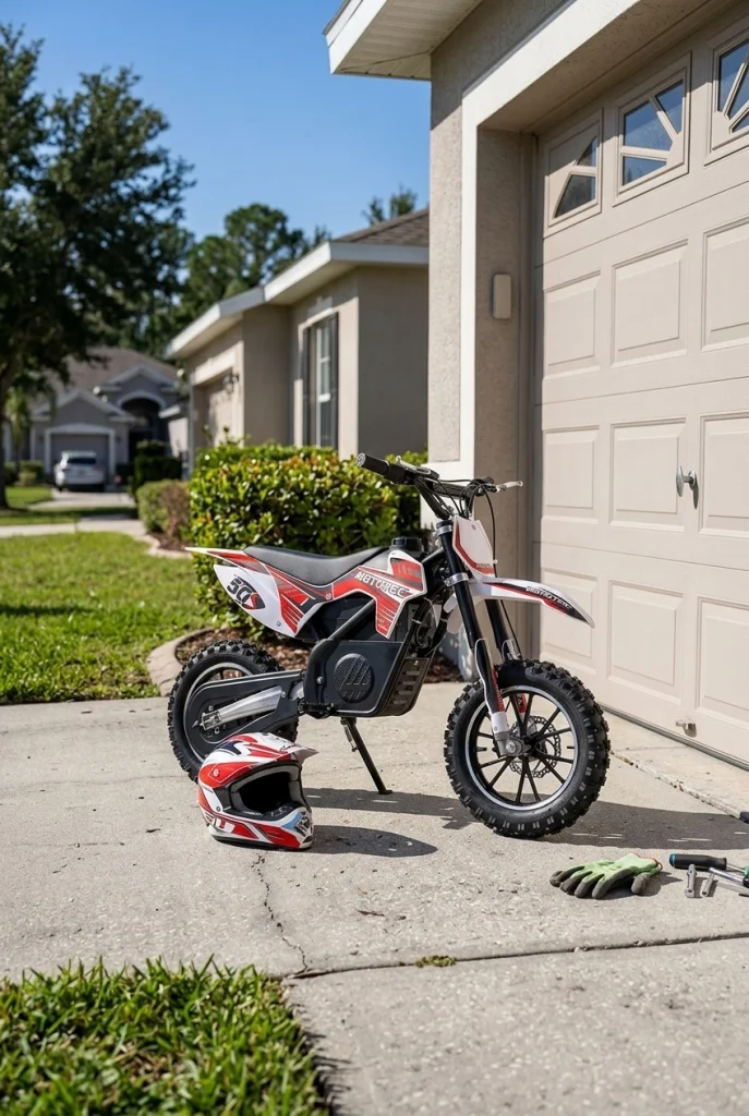 MotoTec 24V Pro electric dirt bike parked in a driveway, compact frame, clearly sized for a young rider.