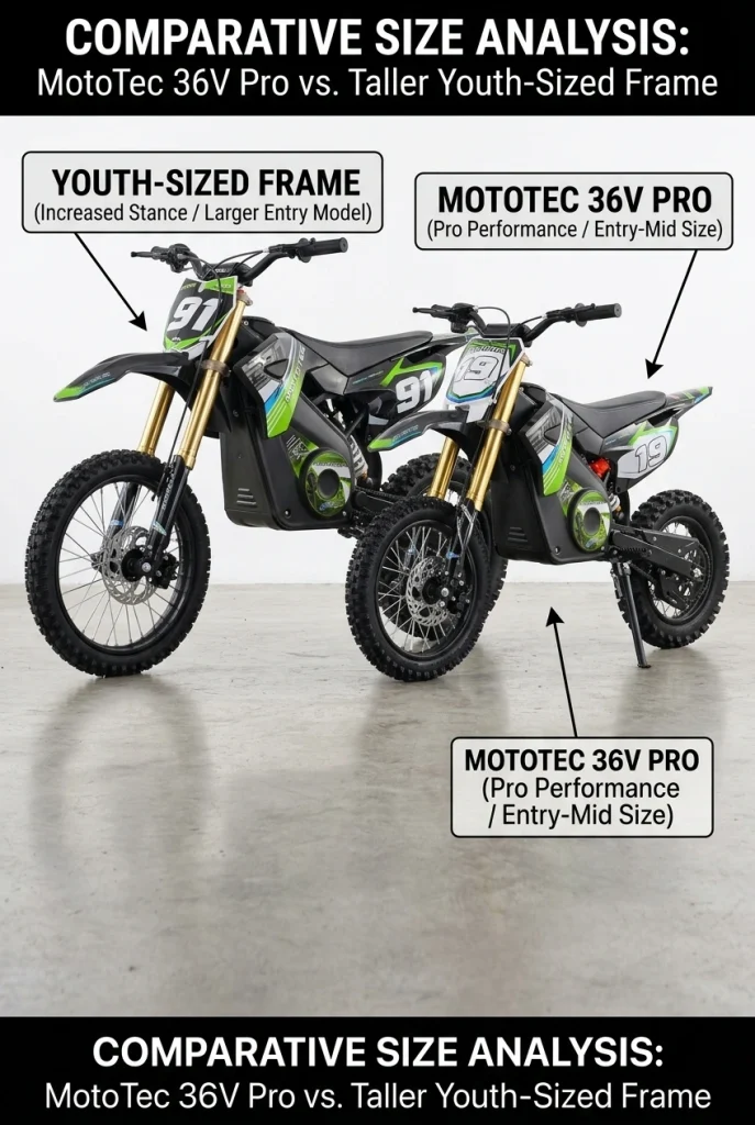 MotoTec 36V Pro electric dirt bike parked next to a bigger youth-sized frame, showing its larger stance compared to entry-level models.
