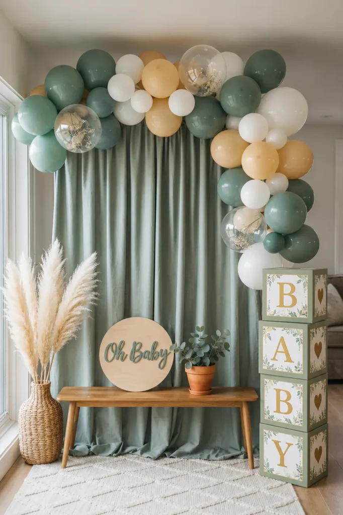 Boho sage green baby shower balloon wall with tablecloth backdrop and welcome banner