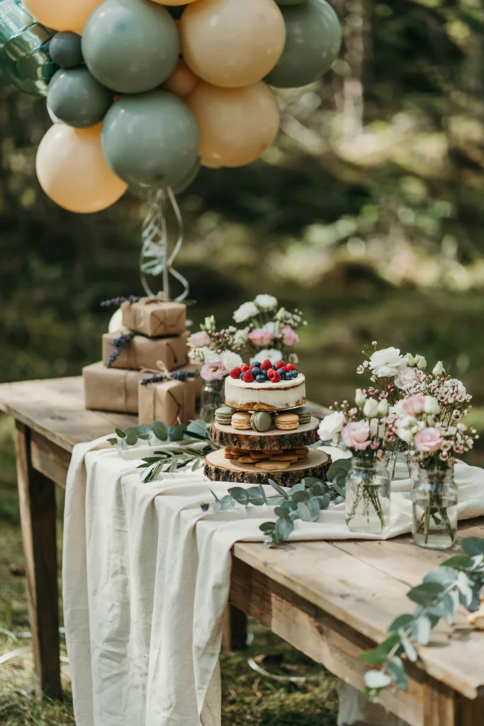 Loose cluster of sage green balloons for a woodland baby shower dessert table