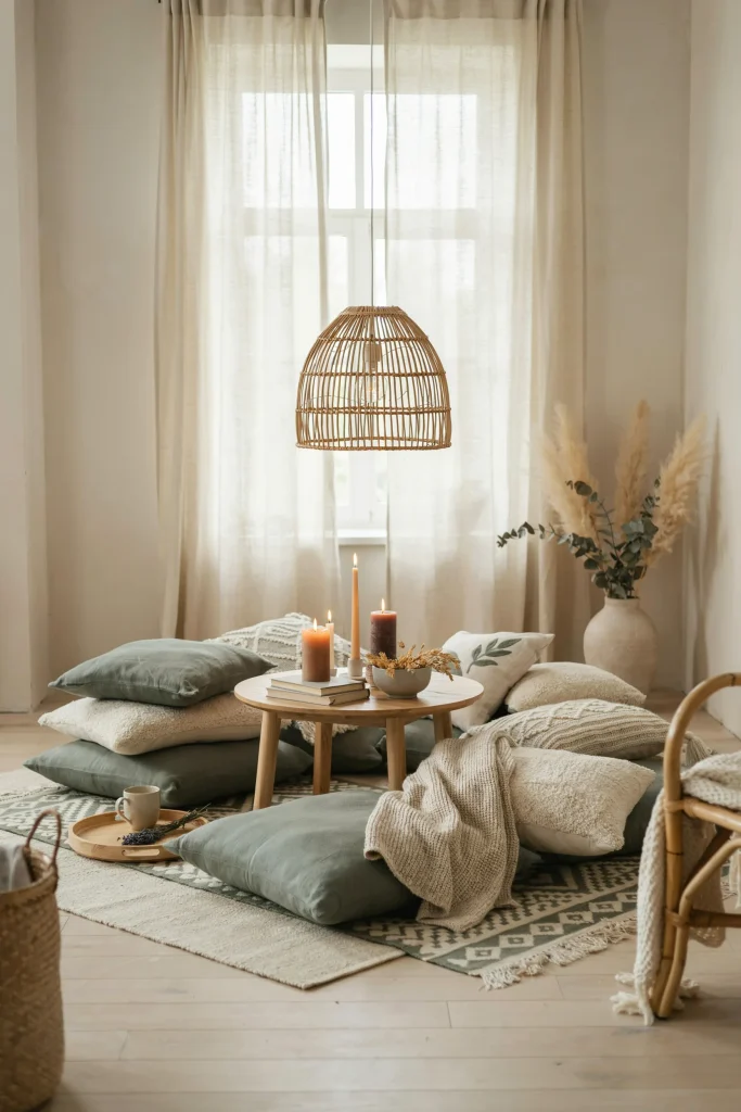 Boho floor cushion lounge corner styled in sage green and cream tones