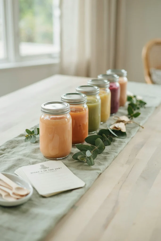 Unlabeled baby food jars set up for a guess that baby food shower game