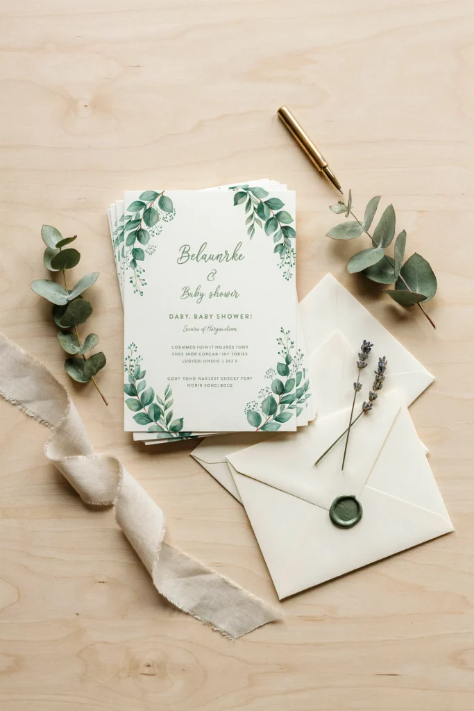 Sage green watercolor baby shower invitation with a botanical wax seal
