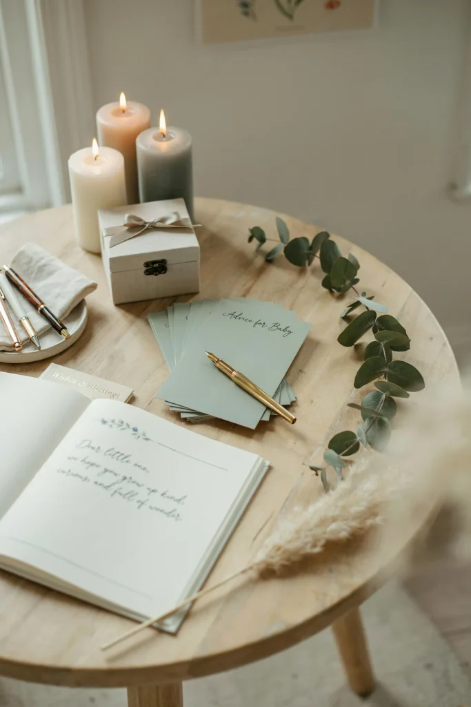 Sage green baby shower advice card station with a wooden keepsake box