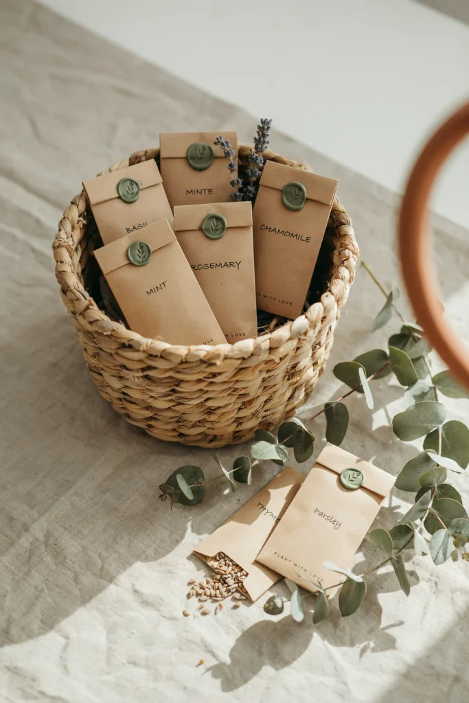 Herb seed packet favors stamped with sage green wax seals