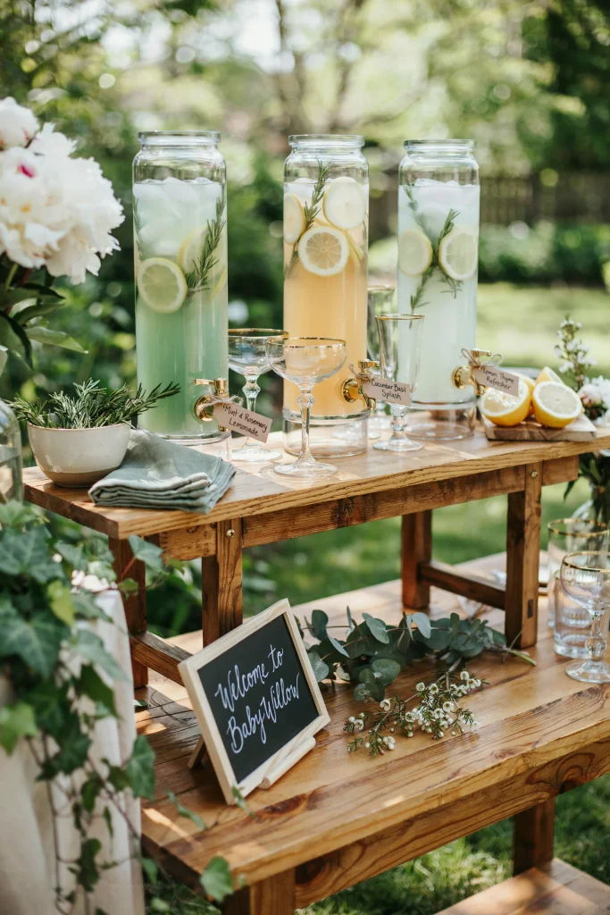 Herbal mocktail bar with pale green drinks garnished with rosemary and lemon