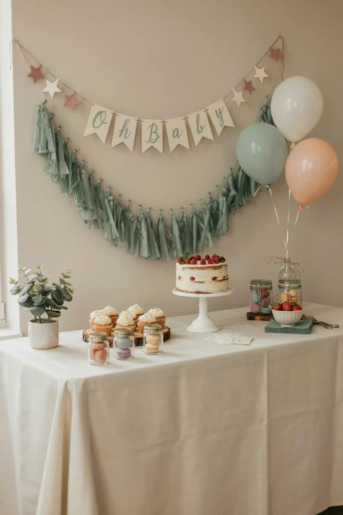 Sage green welcome banner with tassel garland and star banner behind a dessert display