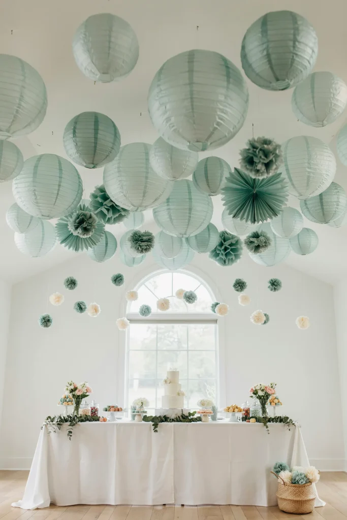 Sage green paper lanterns and flower fans hung at varying heights above a dessert table