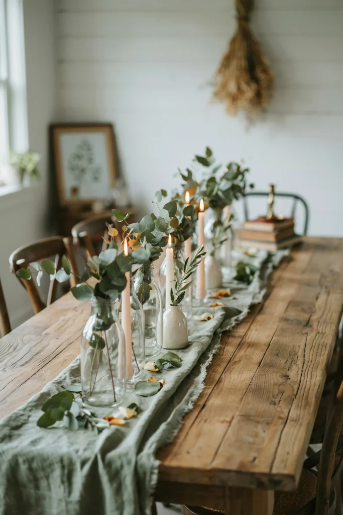 Vintage milk glass bottles with eucalyptus sprigs lined down a baby shower table