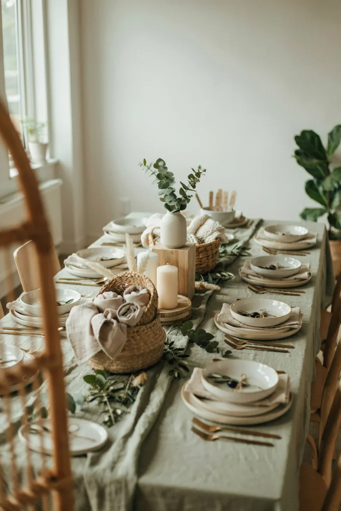 Solid sage green tablecloth layered with wooden accents and a woven basket