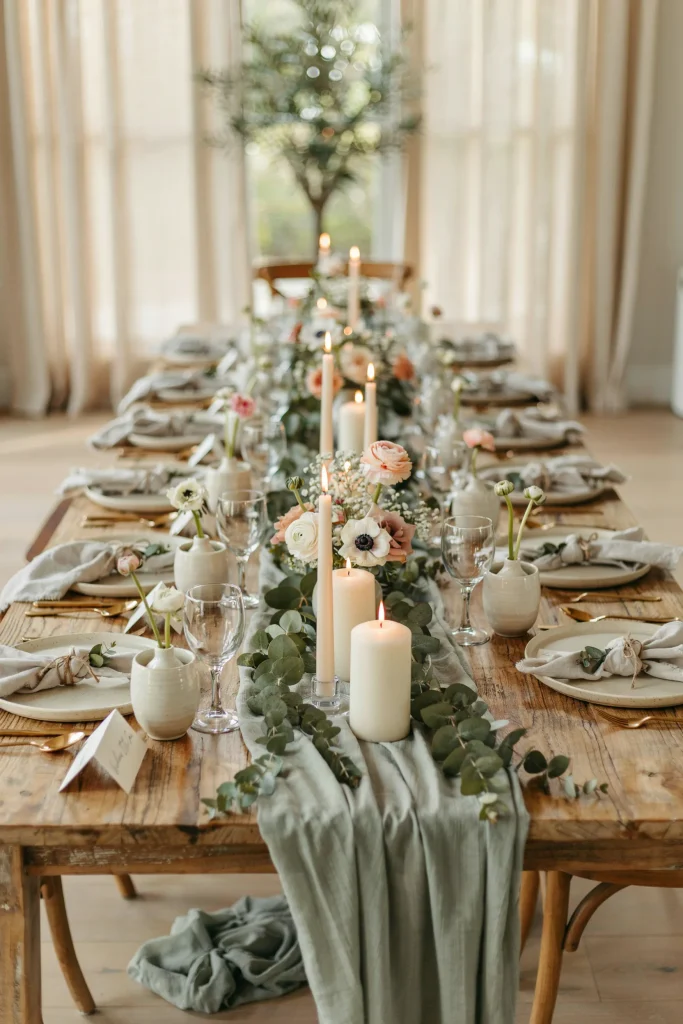 Sage green cheesecloth table runner styled with candles and greenery
