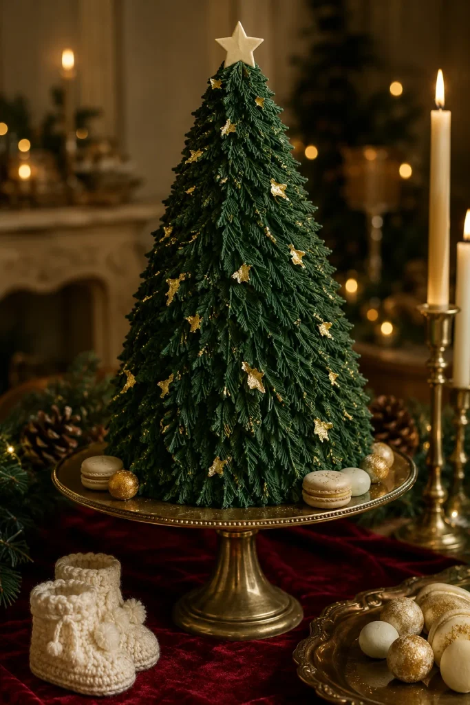 Tall tapered Christmas tree shaped cake with edible gold leaf accents and a sugar star