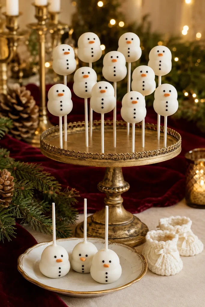 White snowman cake pops with orange fondant noses displayed on a stand