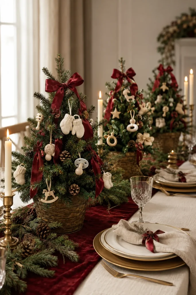 Small tabletop Christmas trees decorated with miniature baby-themed ornaments as centerpieces