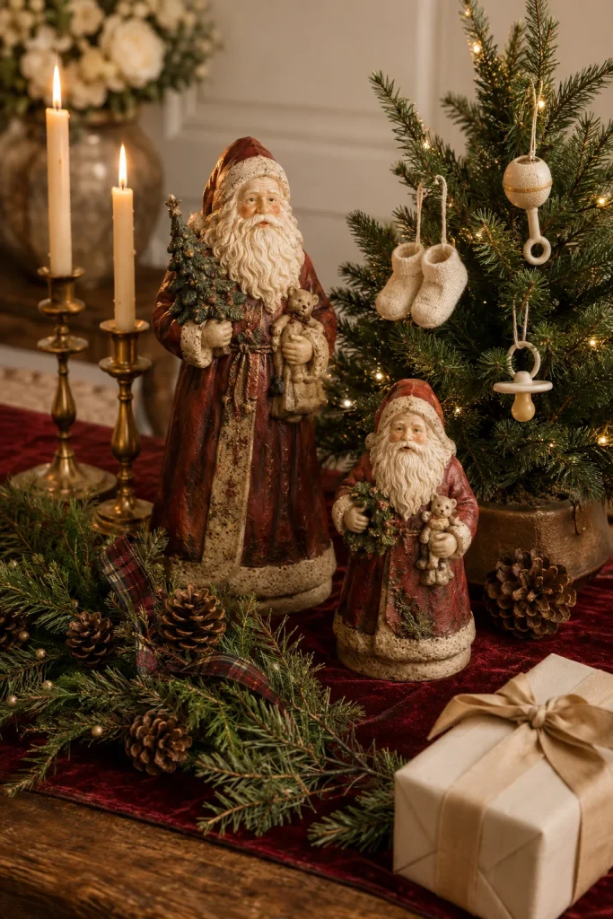 Vintage-style Santa figurines styled on a burgundy velvet tablescape with brass candlesticks