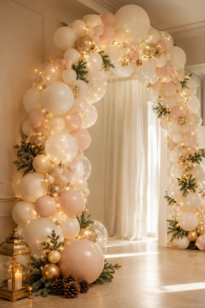 Ivory, champagne gold, and blush organic balloon arch with warm fairy lights framing an entryway