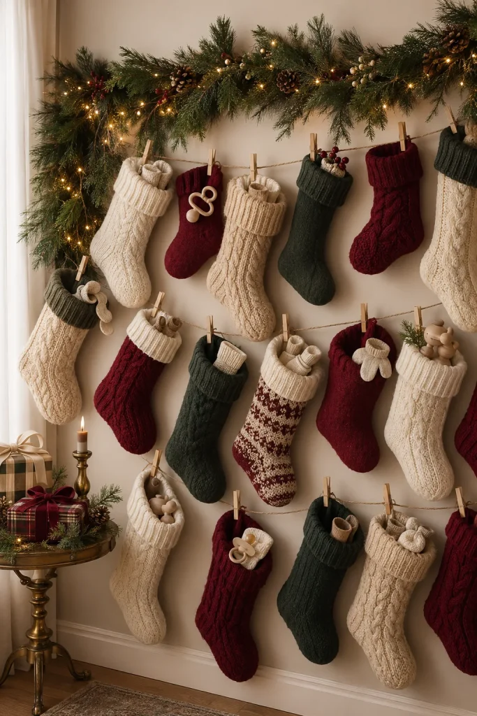 Red, green, and cream knit stocking garland hung as a backdrop wall for a Santa Baby baby shower