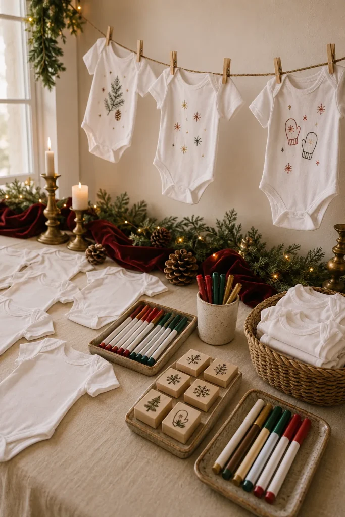 DIY onesie decorating station with fabric markers and finished onesies clipped to a mini clothesline