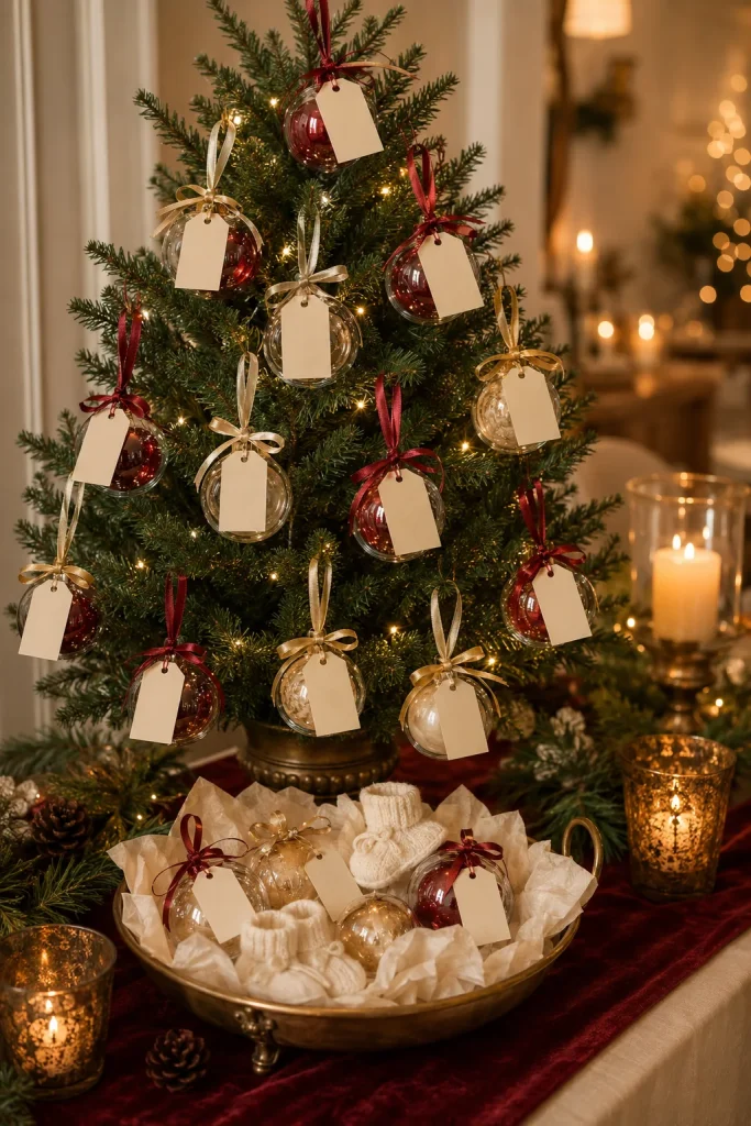 Mini red and gold ornament party favors with custom name tags for Santa Baby baby shower guests