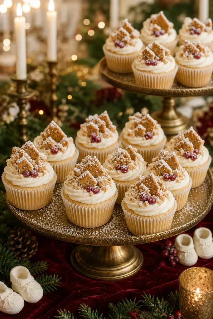 Mini gingerbread house cupcakes dusted with powdered sugar snow
