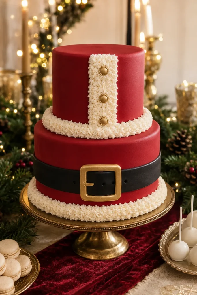 Two-tier Santa belly cake with black fondant belt and gold buckle for a Santa Baby baby shower