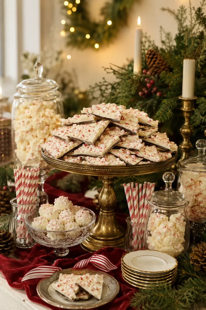 Peppermint bark dessert table with white chocolate peppermint bites and striped paper straws