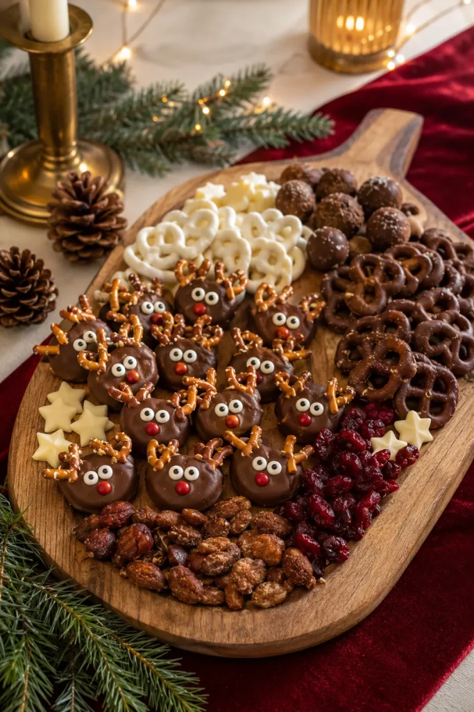 Reindeer pretzel snack board with candy eyes and chocolate treats on a wooden charcuterie board