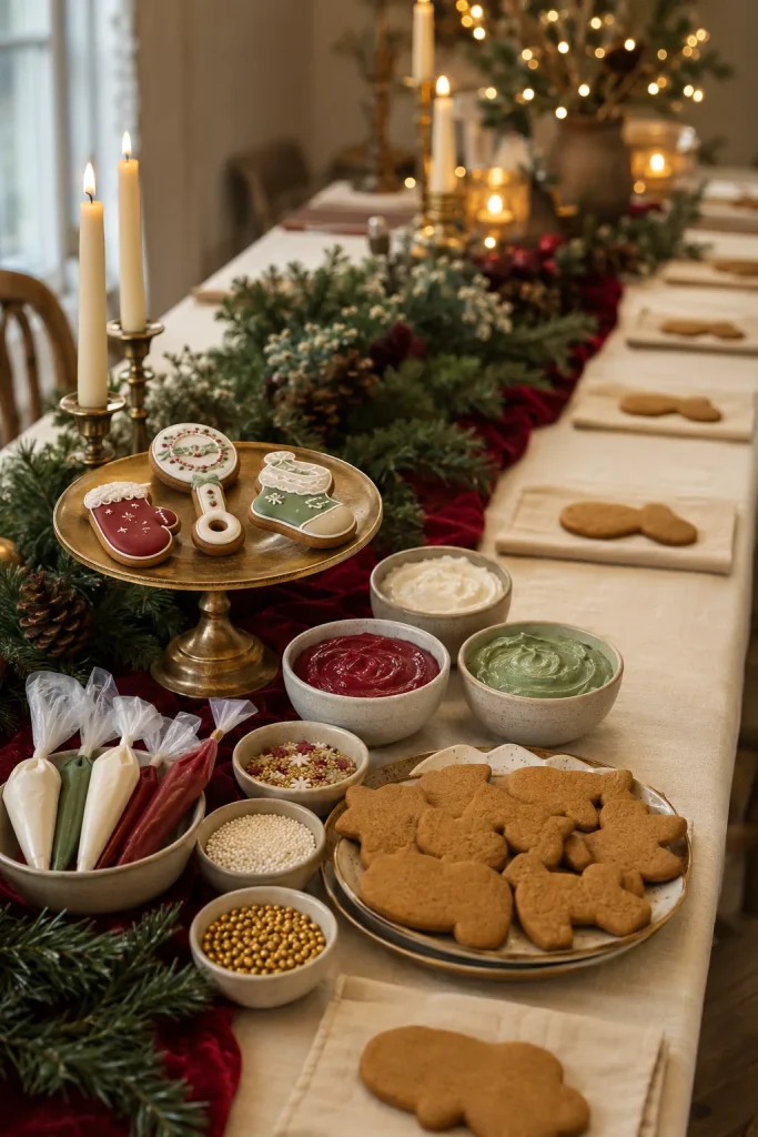 Gingerbread cookie decorating station with bowls of icing and sprinkles for guests