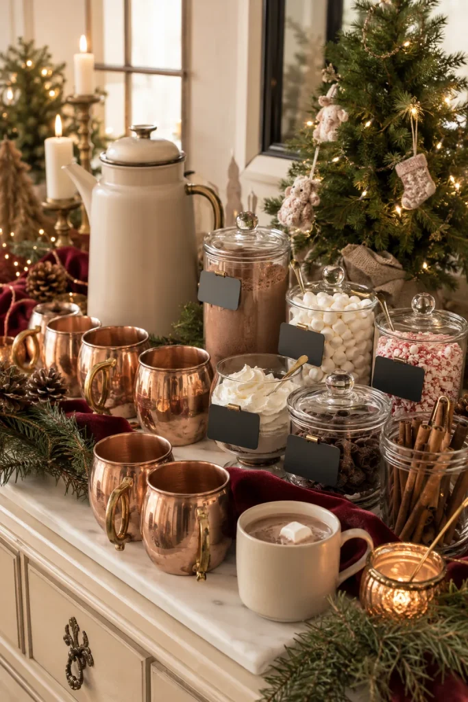 Hot cocoa bar with copper mugs, marshmallow toppings, and a chalkboard menu for a Santa Baby baby shower