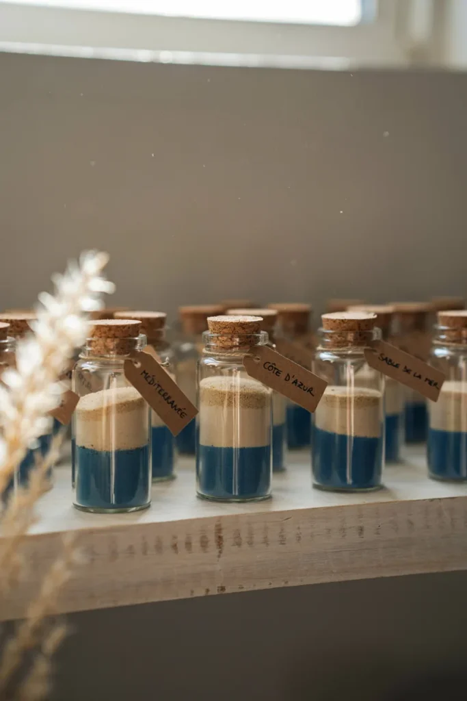 Rows of small glass jars filled with layered blue, cream, and sand-colored sand, corked and tied with a small tag