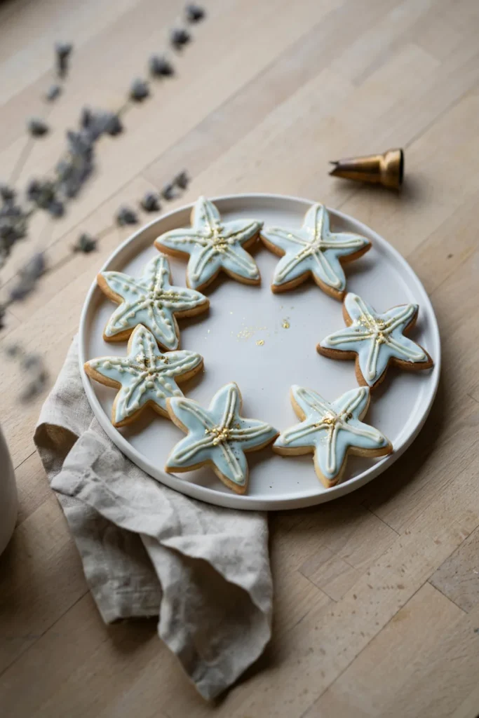 A platter of starfish-shaped sugar cookies iced in pale blue and cream with edible gold luster dust brushed across the ridges