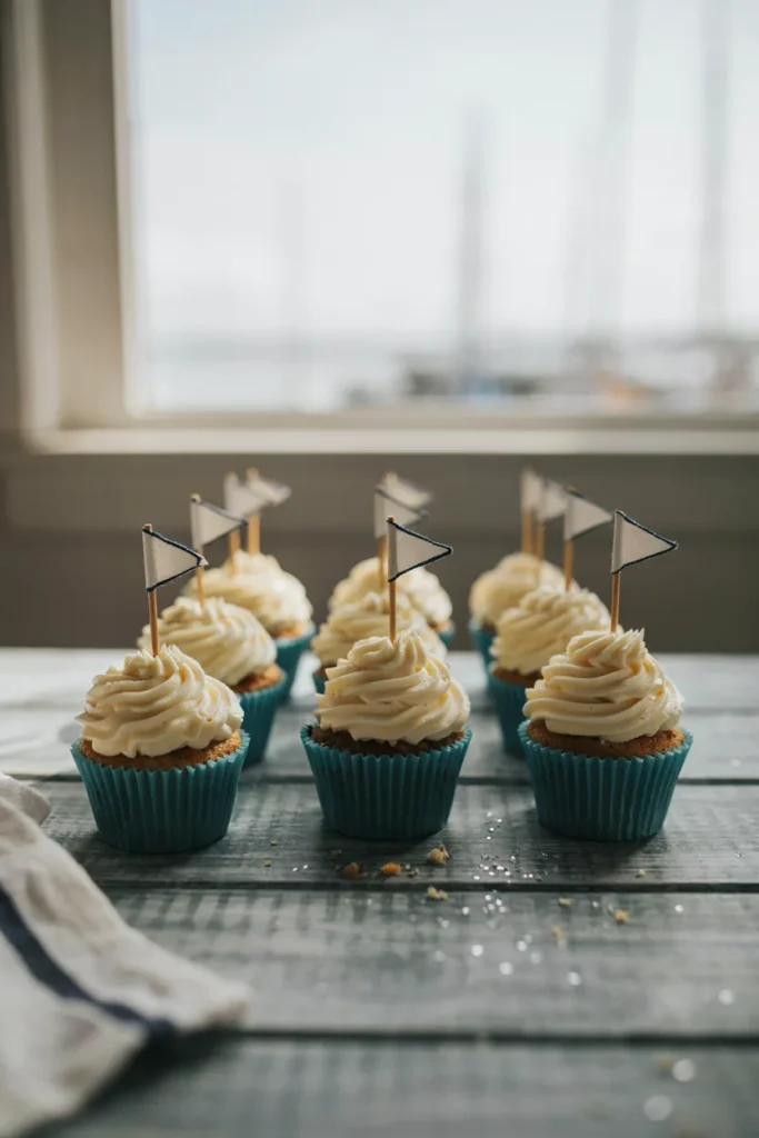A dozen cupcakes topped with swirled cream frosting, each finished with a small white and blue paper sail on a toothpick mast