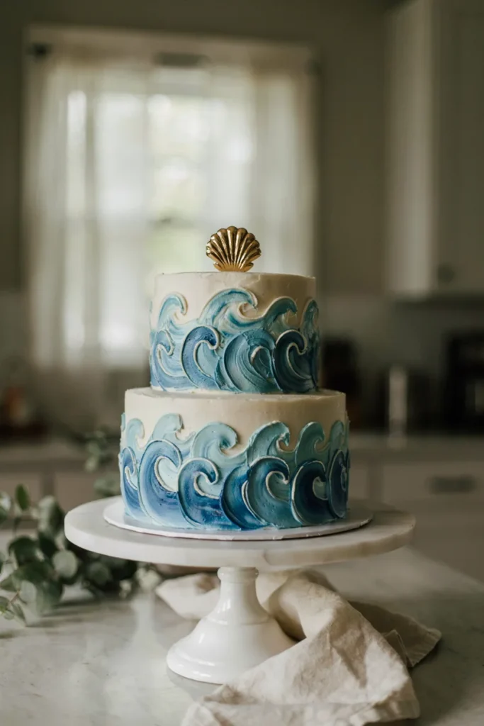 A two-tier cake with a hand-painted buttercream wave pattern in three shades of blue climbing up the sides, finished with a small gold shell cake topper