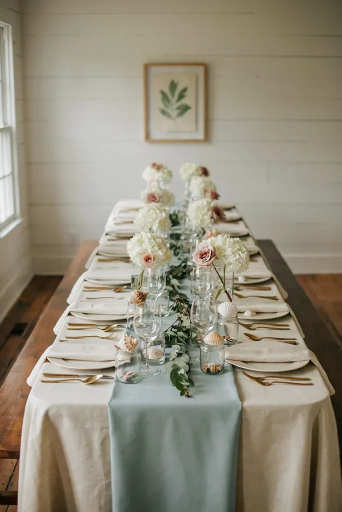 A long dining table with a powder blue runner over a cream tablecloth, gold flatware, and small glass jars holding single seashells at each place setting