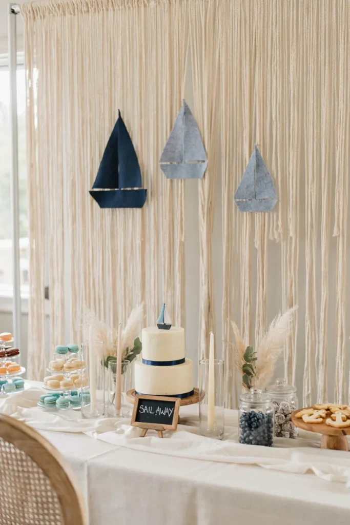 A cream fringe curtain backdrop with three felt sailboat silhouettes in varying blue shades appliquéd across the center, set up behind a dessert table