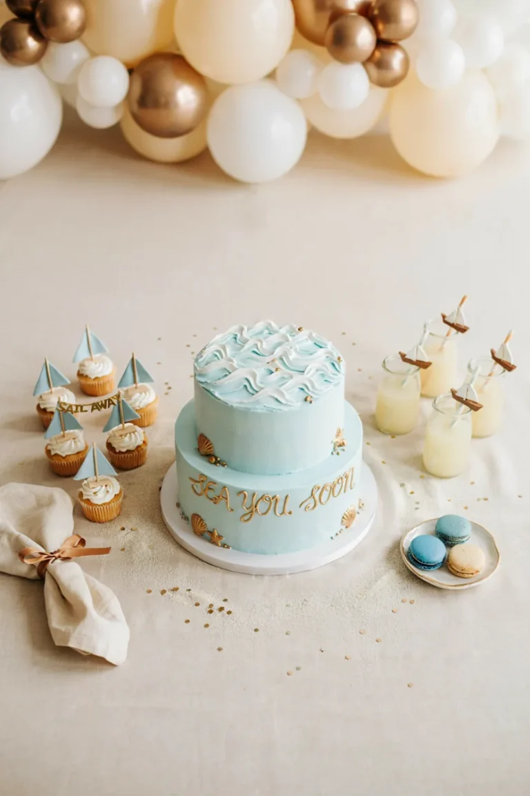 An overhead flat-lay of a baby-blue "Sea You Soon" dessert table with a wave-topped cake, sailboat cupcakes, and a cream-and-gold balloon arch softly blurred in the background.