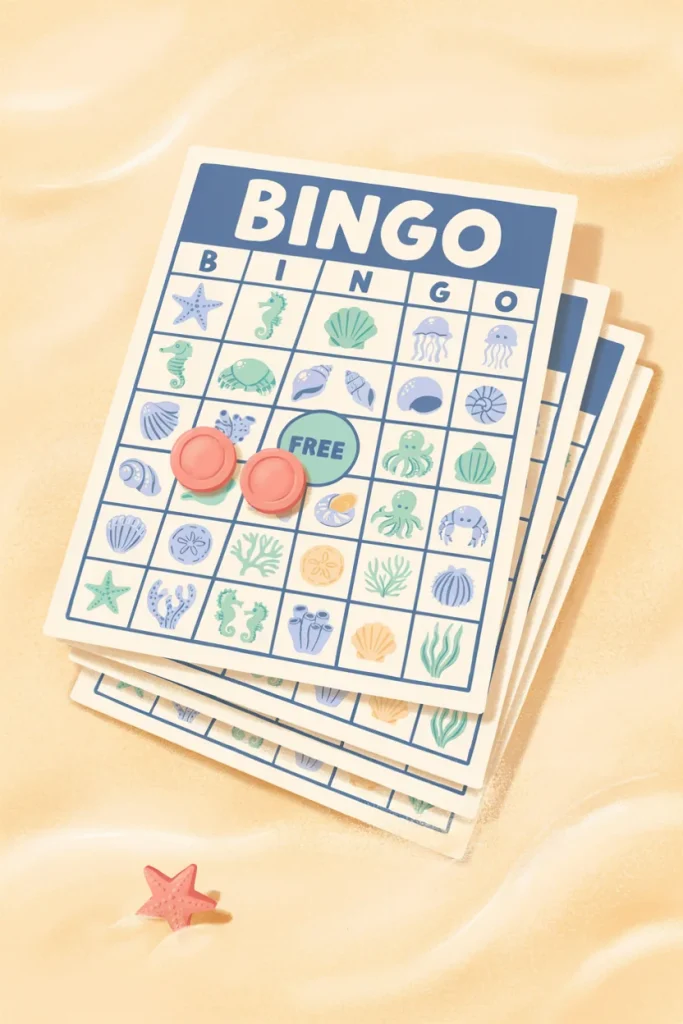 A stack of bingo cards illustrated with pastel blue sea creatures — starfish, seahorses, shells — instead of standard numbers