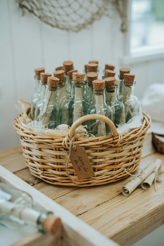 A collection of small glass bottles with rolled cream cards tucked inside, arranged in a basket labeled "Advice for the Sea"