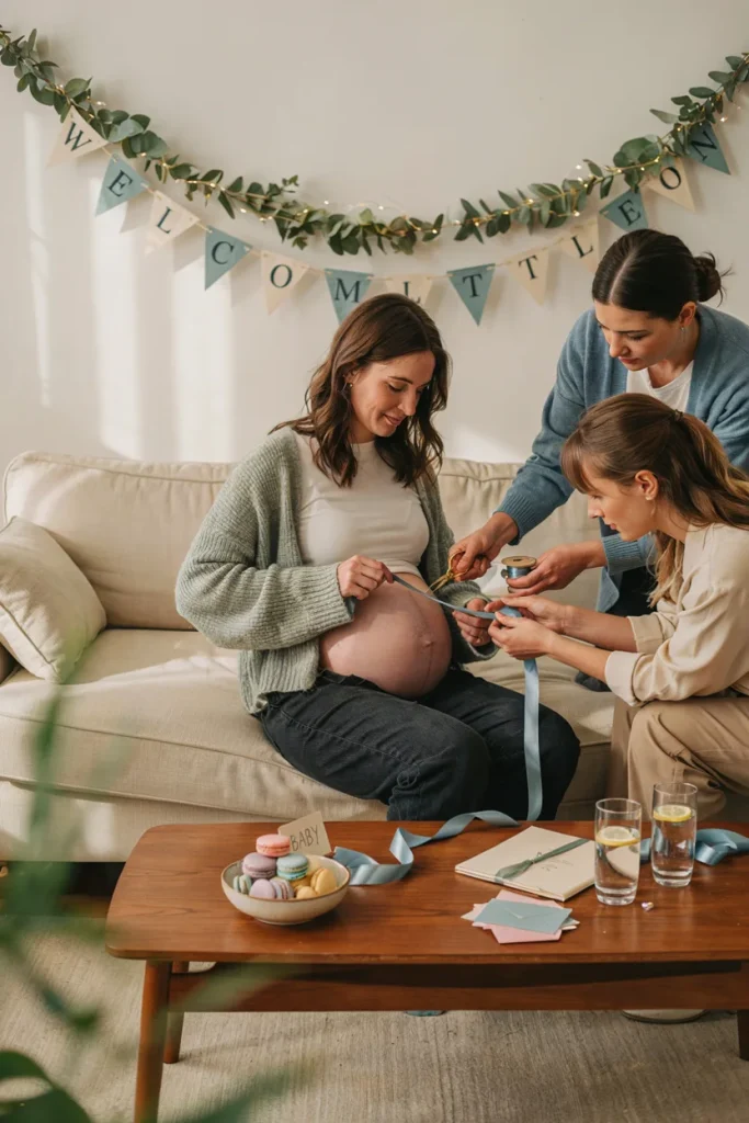 A table set with a roll of blue ribbon and small scissors, guests measuring ribbon lengths against the mom-to-be's belly