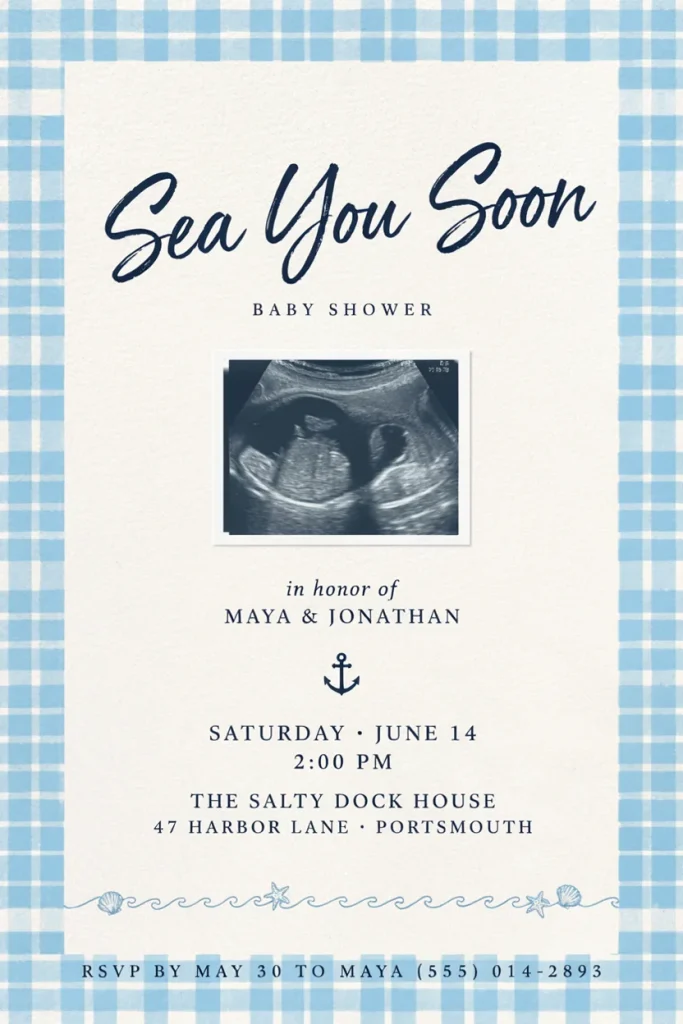 A digital invitation featuring a sonogram or bump photo framed by a soft blue gingham border, with "Sea You Soon" lettering above