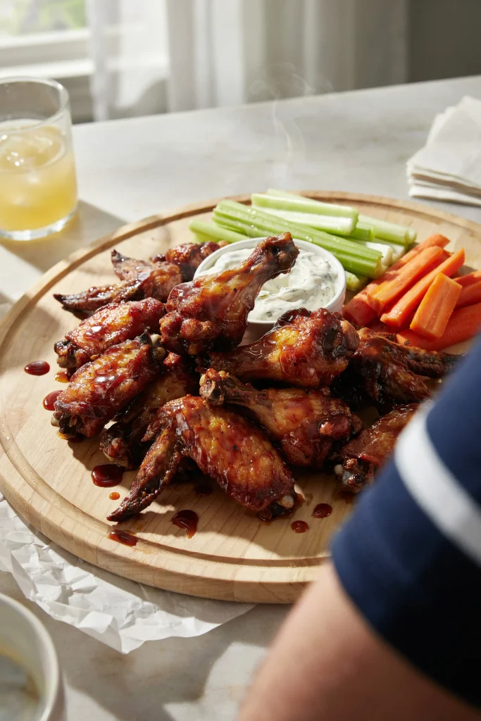 Honey BBQ baked chicken wings on a platter with celery and ranch dip