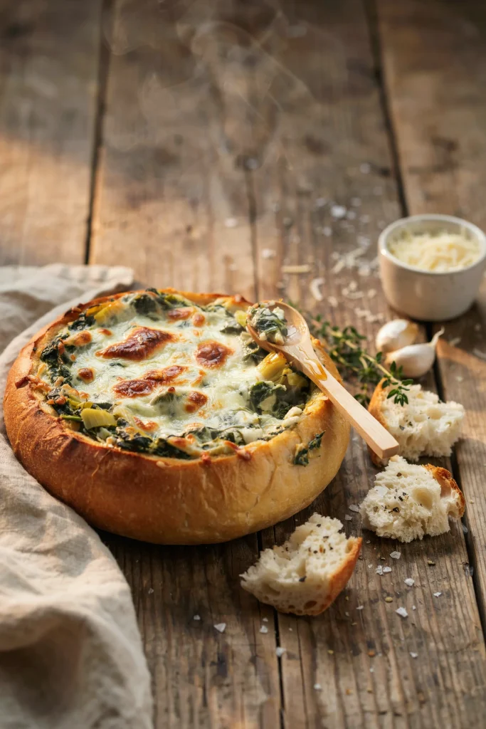 Spinach artichoke dip in a hollowed sourdough bread bowl with torn bread pieces for dipping