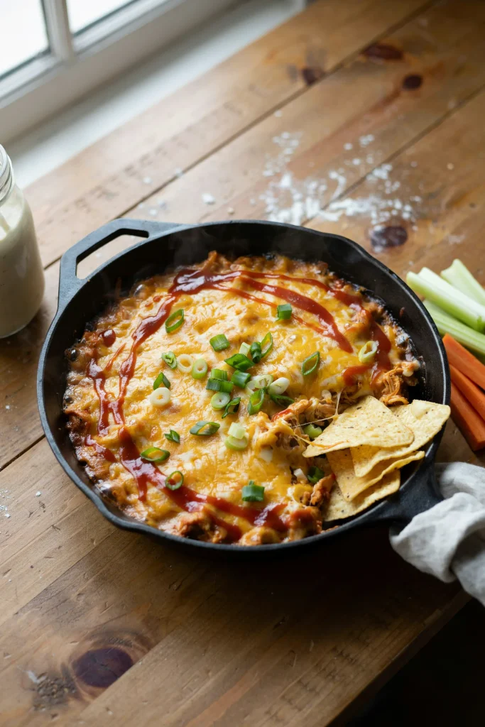 Buffalo chicken dip bubbling in a cast iron skillet with tortilla chips and celery